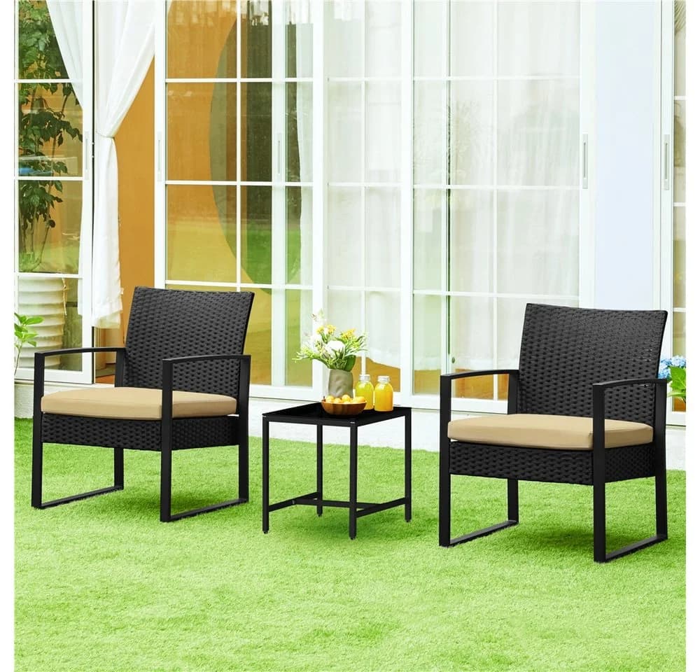 Yaheetech Balkonset 3-teilig Schwarz/Khaki Rattan-Optik mit Glasplatte - Bild 3