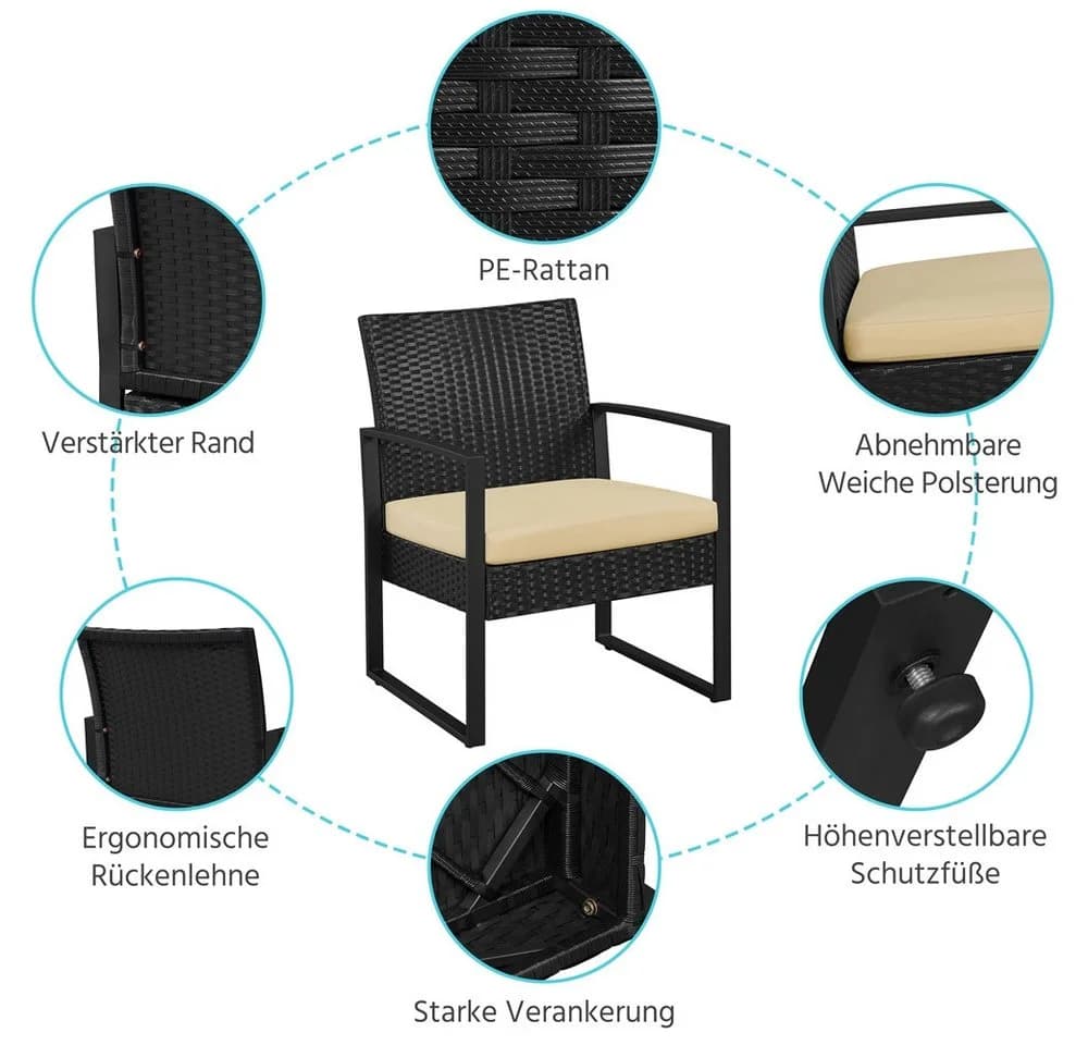 Yaheetech Balkonset 3-teilig Schwarz/Khaki Rattan-Optik mit Glasplatte - Bild 5