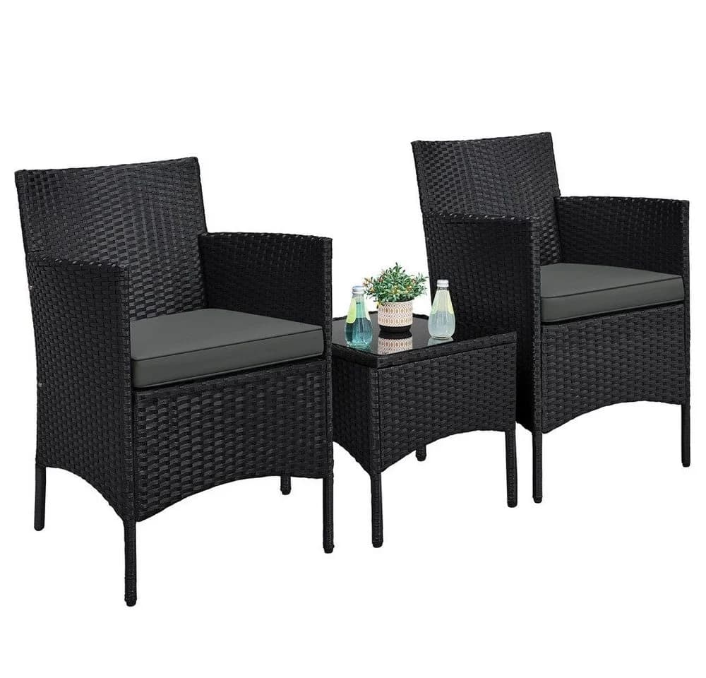 Yaheetech Balkonset 3-tlg. Gartenmöbel-Set inkl. 2 Stühle mit Sitzkissen & Tisch Schwarz/Grau