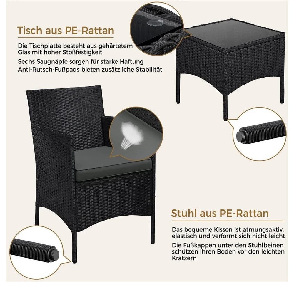 Yaheetech Balkonset 3-tlg. Gartenmöbel-Set inkl. 2 Stühle mit Sitzkissen & Tisch Schwarz/Grau - Bild 5