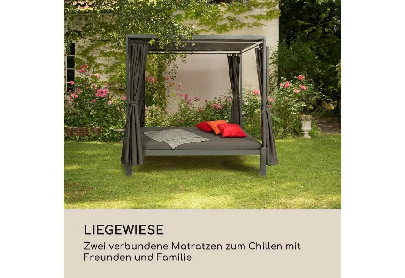Blumfeldt Senator Lounge Gartenliege Set mit Pavillon und Vorhängen Grau