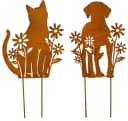 Posiwio Gartenstecker Set Katze + Hund mit Blumen 2er Set Rostoptik Bild 2