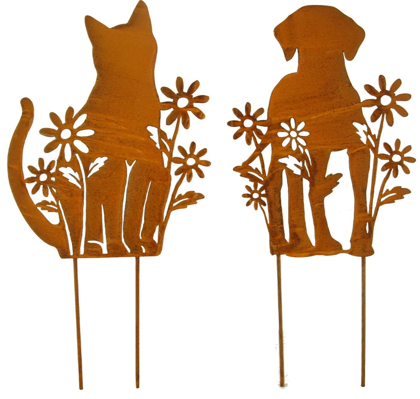Posiwio Gartenstecker Set Katze + Hund mit Blumen 2er Set Rostoptik - Bild 2