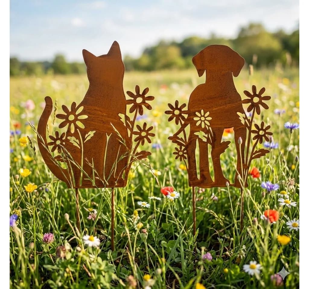 Posiwio Gartenstecker Set Katze + Hund mit Blumen 2er Set Rostoptik - Bild 4