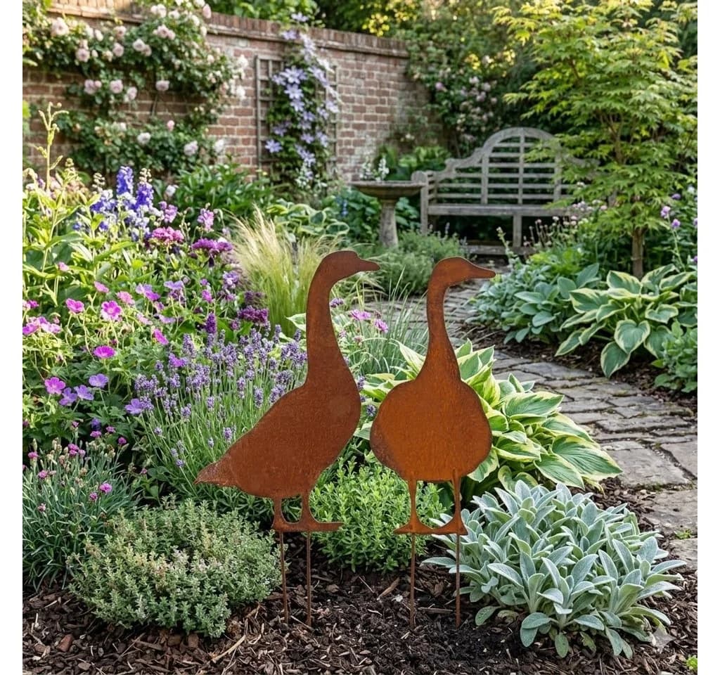 Posiwio Metall-Gänse Gartenstecker Rostlook Braune Dekoration