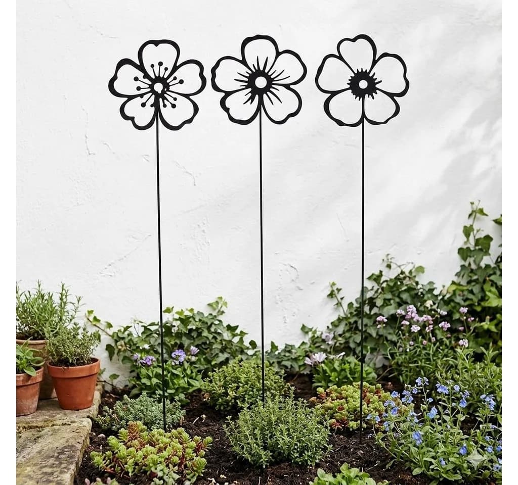 Posiwio Gartenstecker 3er Set Blumen Schwarz Metall