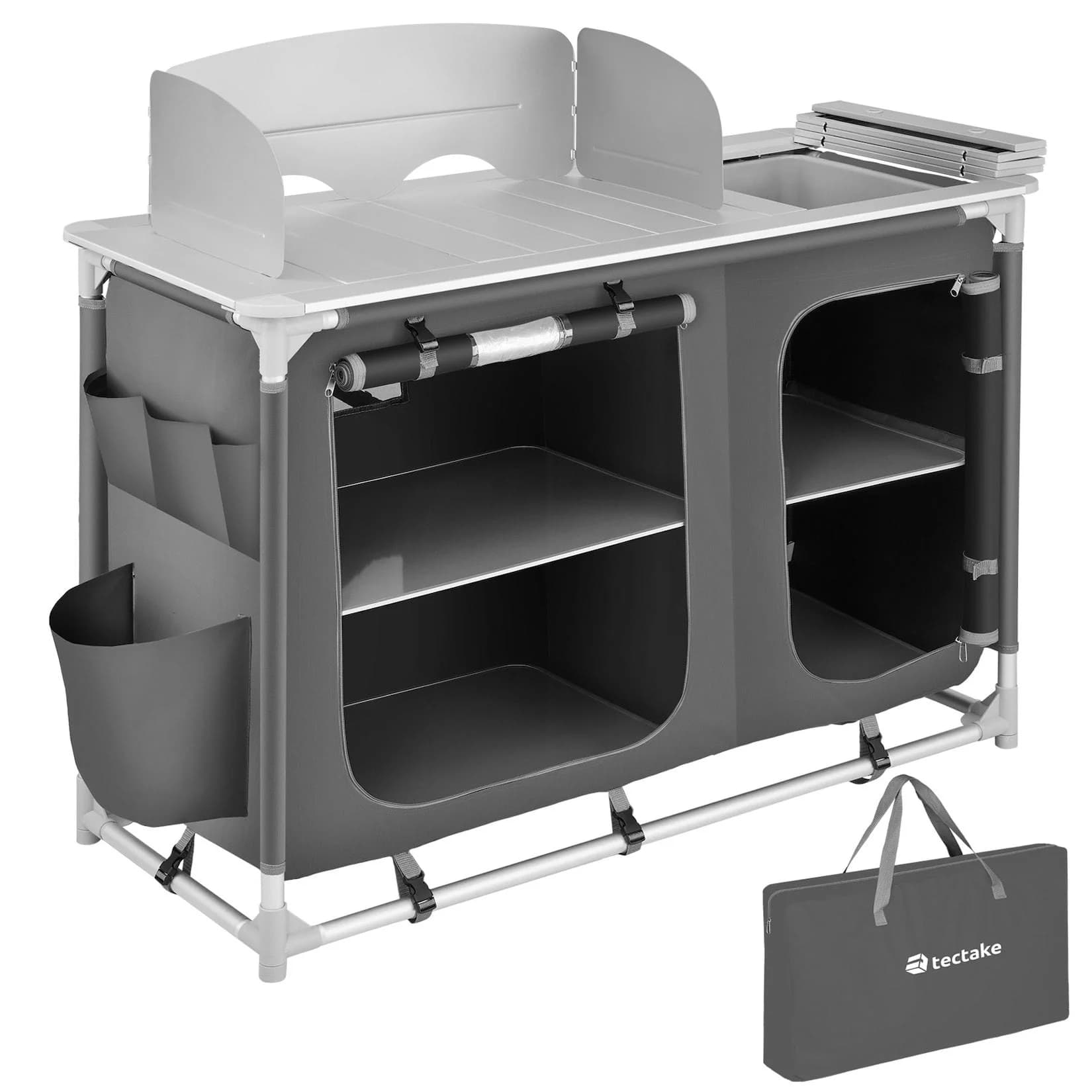tectake Campingküche Luxus mit Aluminiumgestell und 4 Fächern Grau
