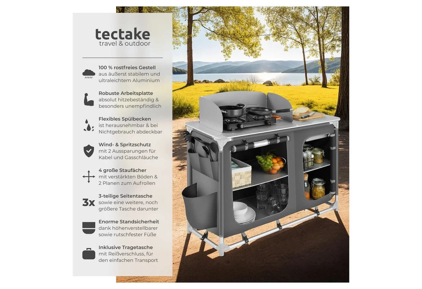 tectake Campingküche Luxus mit Aluminiumgestell und 4 Fächern Grau - Bild 2