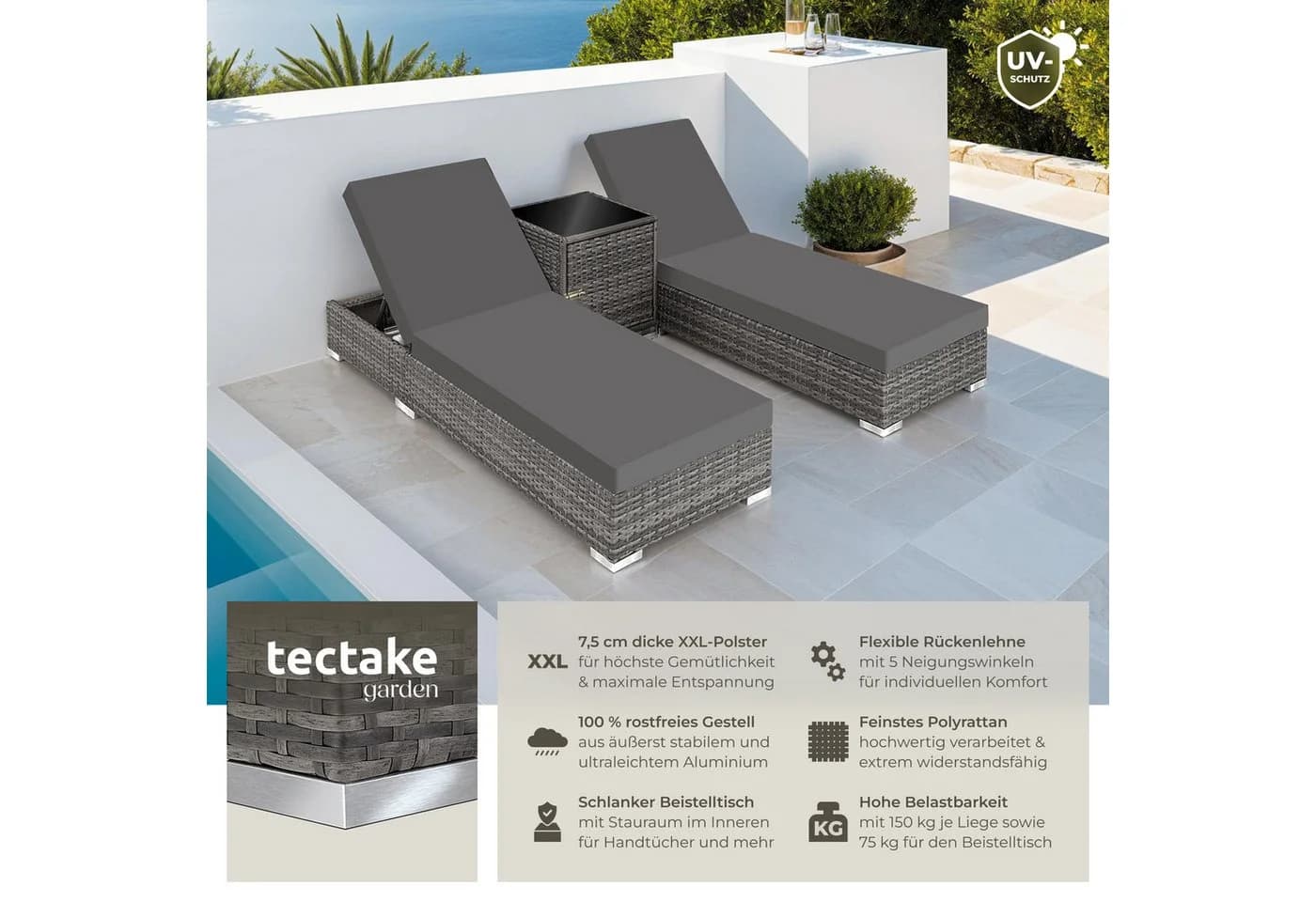 tectake Gartenliege Nautica Grau mit Beistelltisch und verstellbarer Rückenlehne - Bild 2