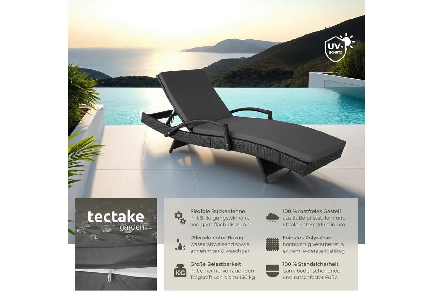 tectake Gartenliege Océane Schwarz 5-fach verstellbar Aluminium Polyrattan - Bild 2