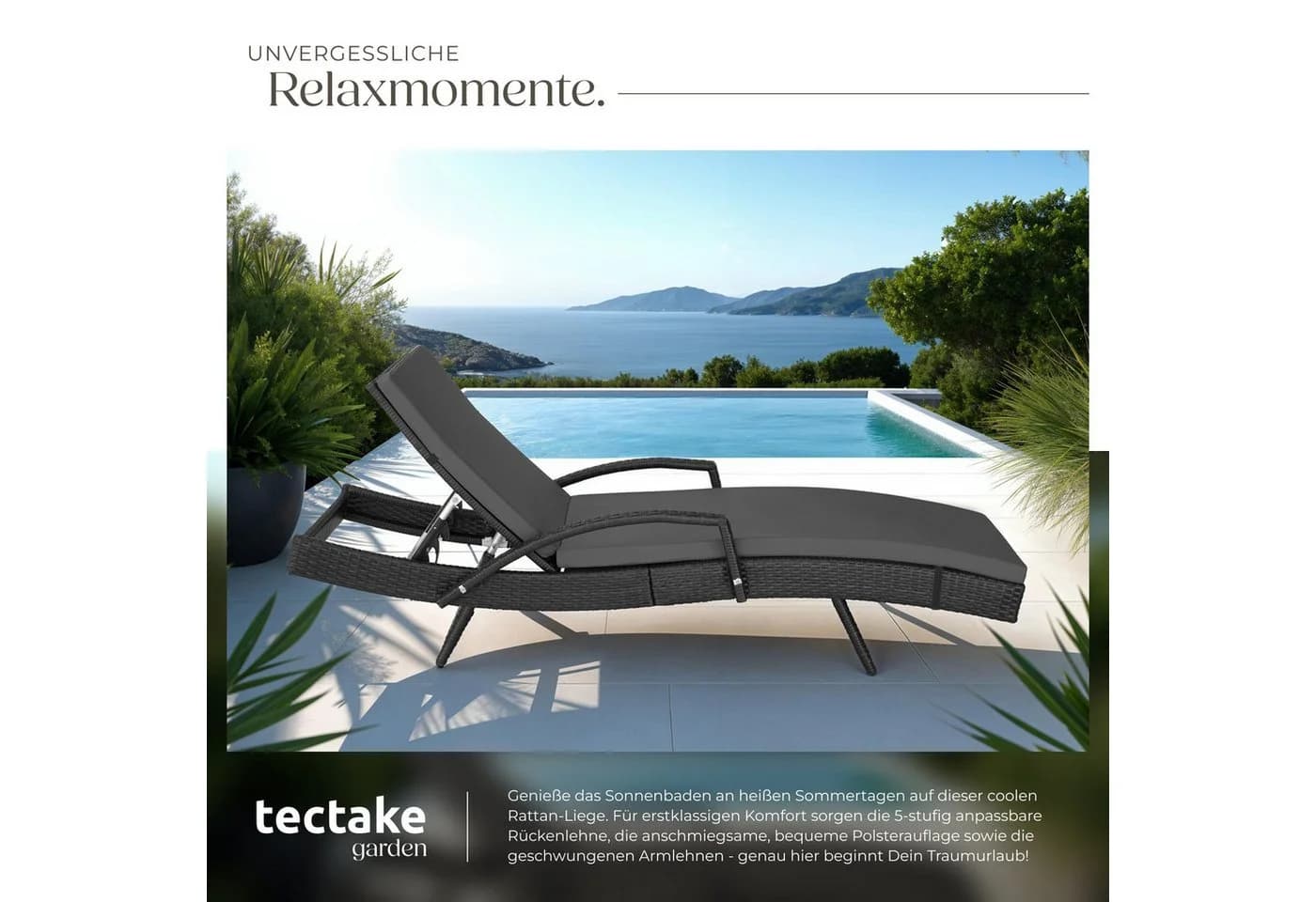 tectake Gartenliege Océane Schwarz 5-fach verstellbar Aluminium Polyrattan - Bild 5