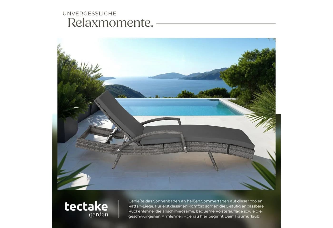tectake Gartenliege Rattan Océane Grau Verstellbar - Bild 5