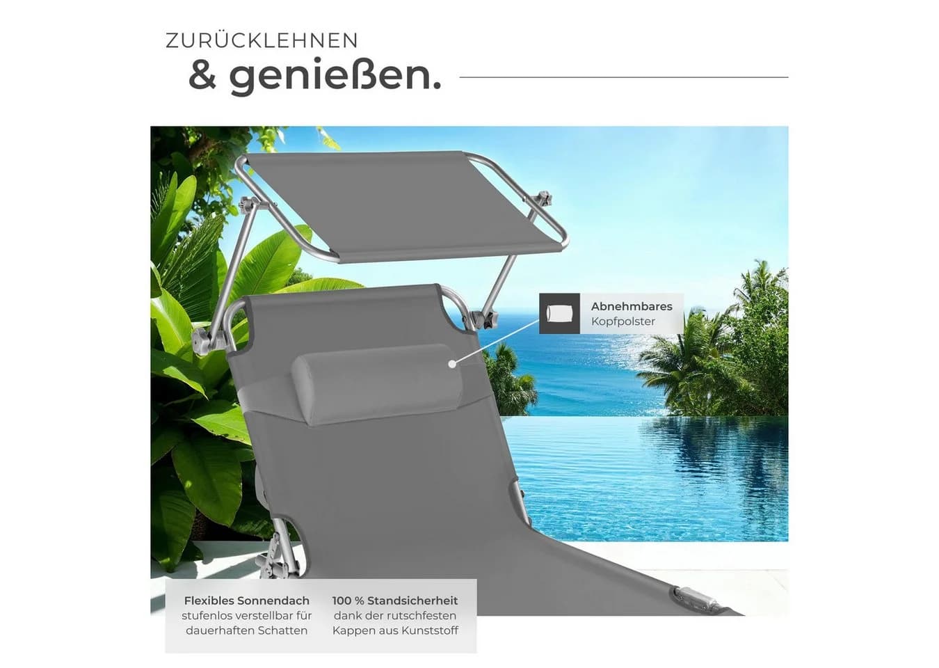 tectake Gartenliege Chloé 2-tlg. Grau mit Sonnendach & verstellbarer Lehne - Bild 5