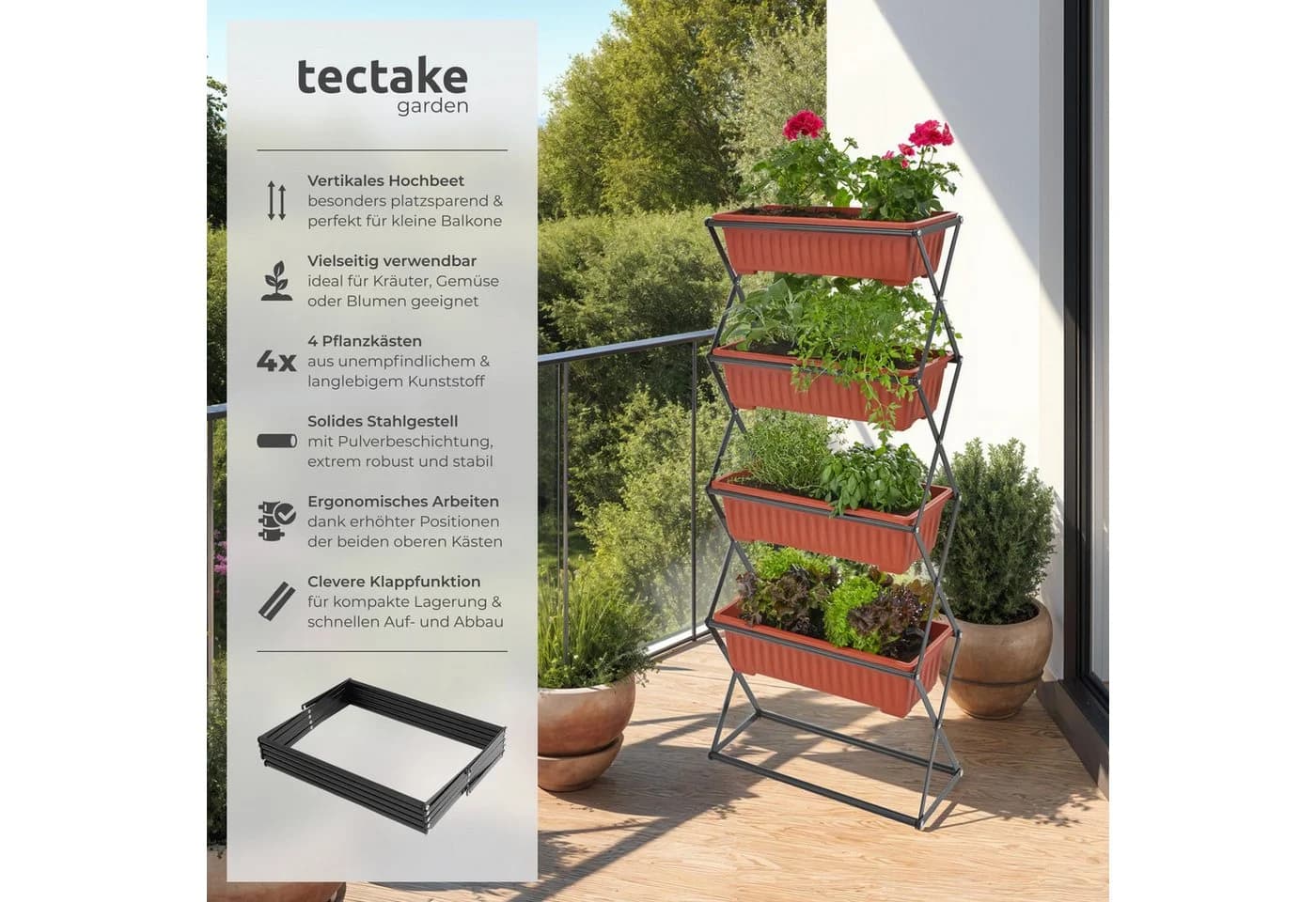 tectake Vertikalbeet mit 4 Pflanzkästen Platzsparend