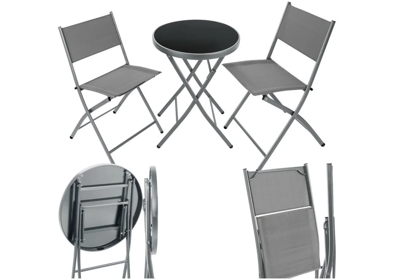tectake Bistro-Set 3-tlg. Grau Stahl Klappbar mit Glasplatte - Bild 3