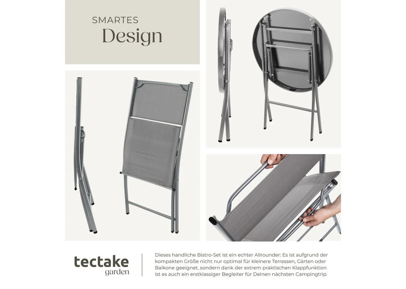 tectake Bistro-Set 3-tlg. Grau Stahl Klappbar mit Glasplatte - Bild 4