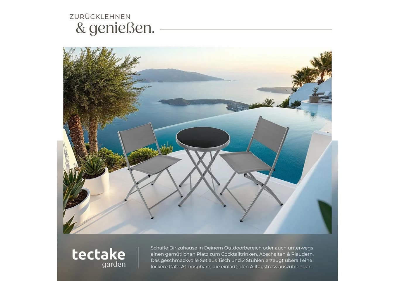 tectake Bistro-Set 3-tlg. Grau Stahl Klappbar mit Glasplatte - Bild 5