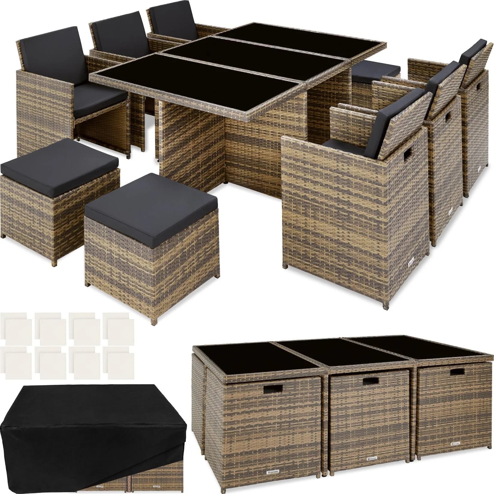 tectake Sitzgruppe New York 12-tlg. Aluminium Poly Rattan mit Glasplatte