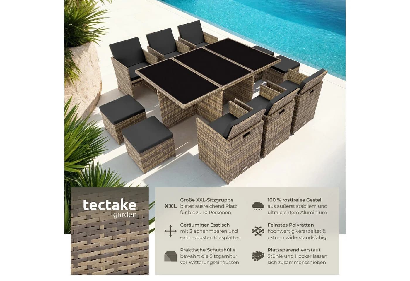 tectake Sitzgruppe New York 12-tlg. Aluminium Poly Rattan mit Glasplatte - Bild 2