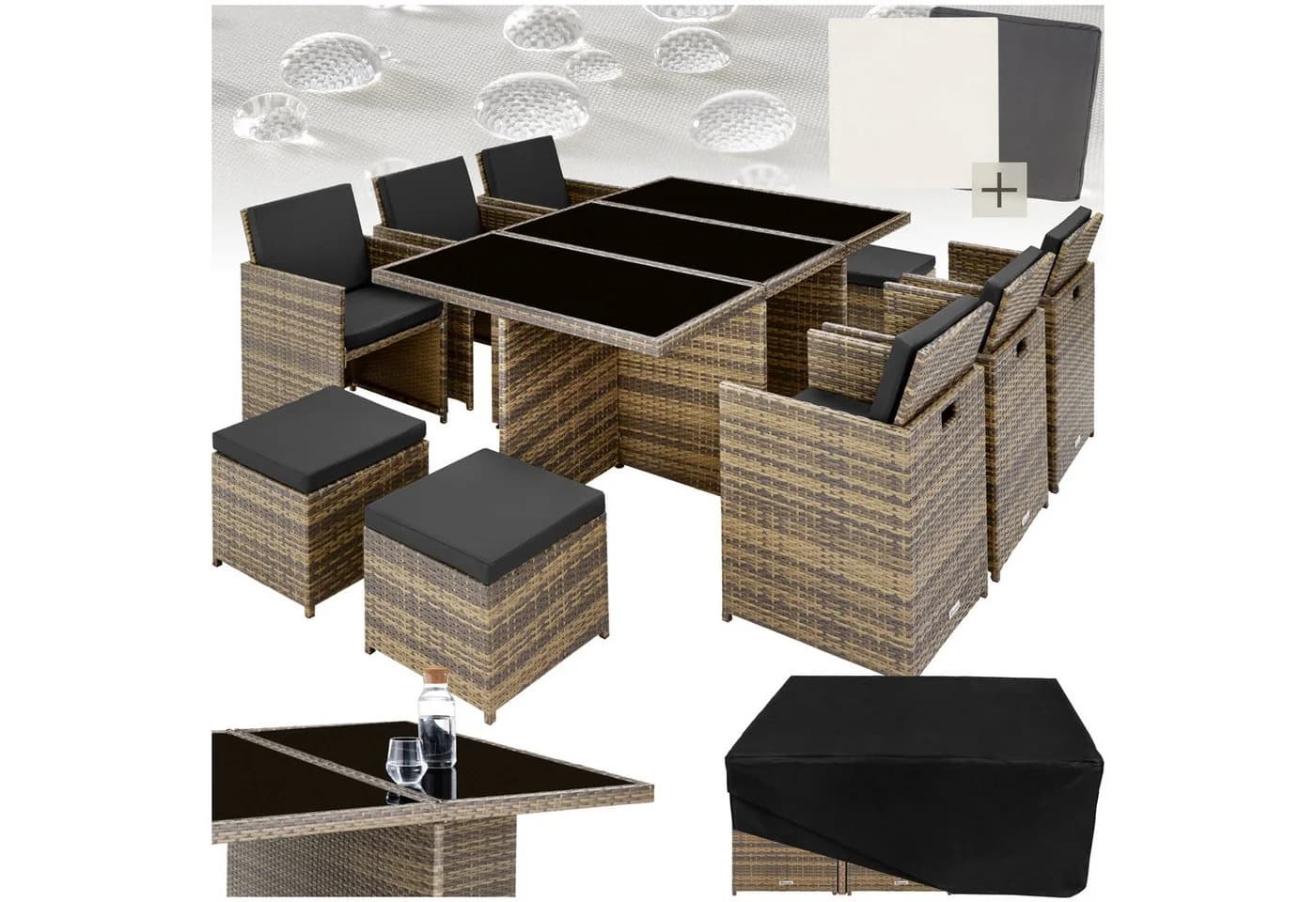 tectake Sitzgruppe New York 12-tlg. Aluminium Poly Rattan mit Glasplatte - Bild 3