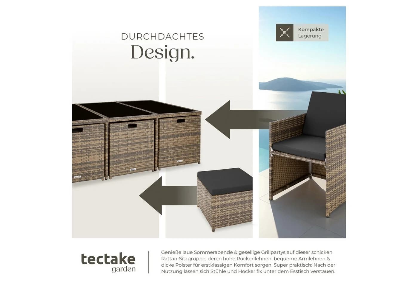 tectake Sitzgruppe New York 12-tlg. Aluminium Poly Rattan mit Glasplatte - Bild 5