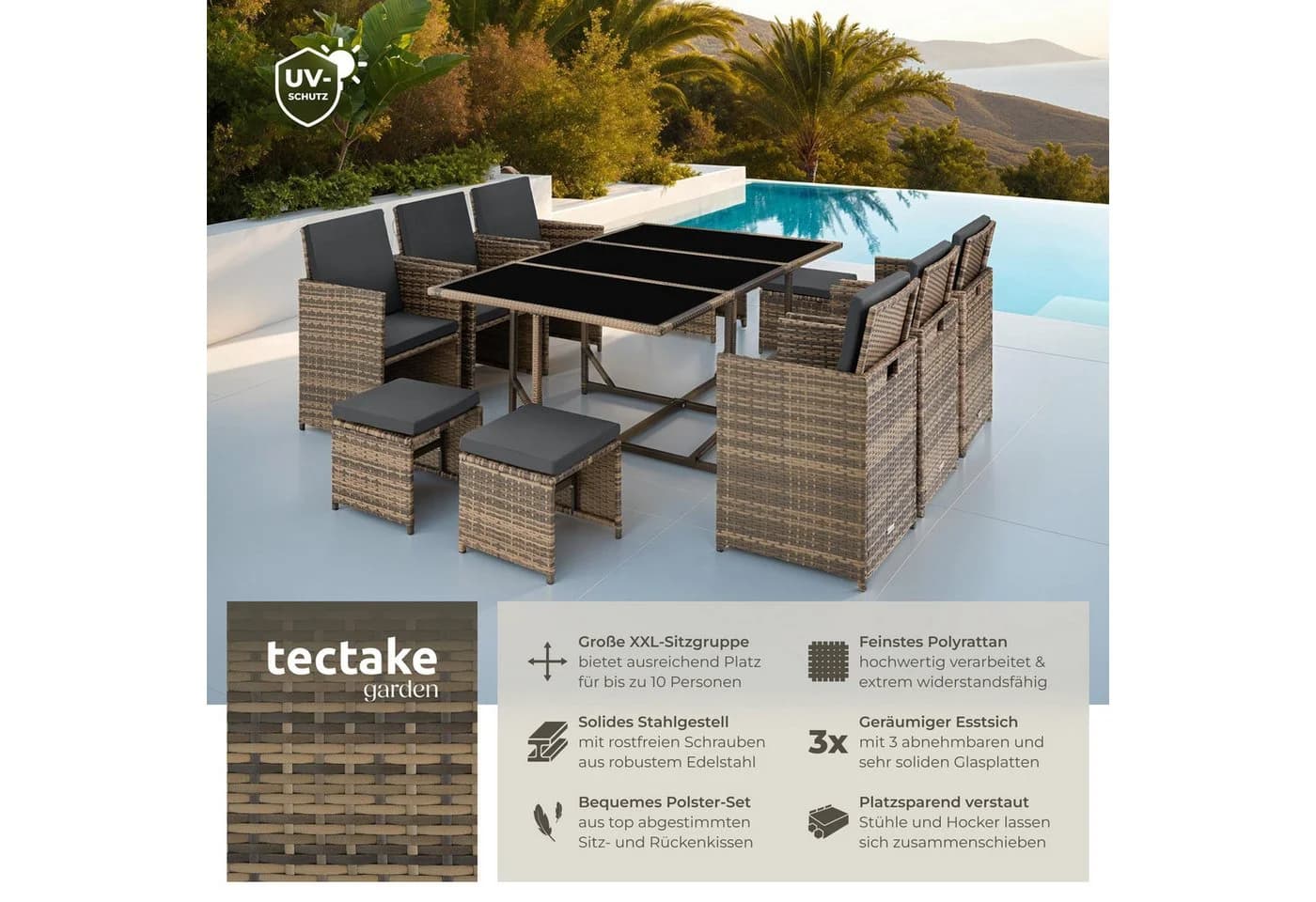 TECTAKE Rattan-Sitzgruppe Malaga 12-tlg. Beige/Braun Poly Rattan - Bild 2