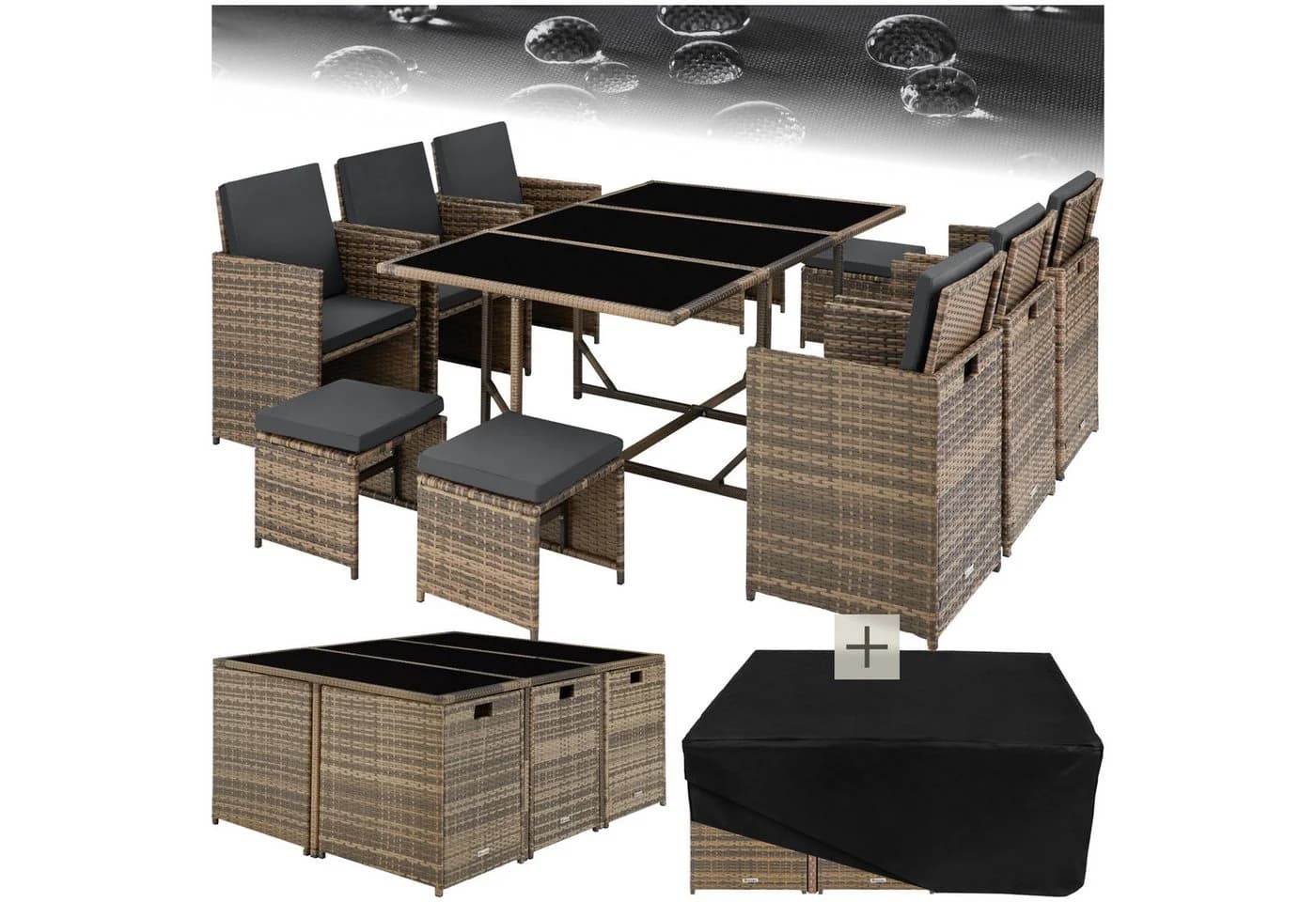 TECTAKE Rattan-Sitzgruppe Malaga 12-tlg. Beige/Braun Poly Rattan - Bild 3