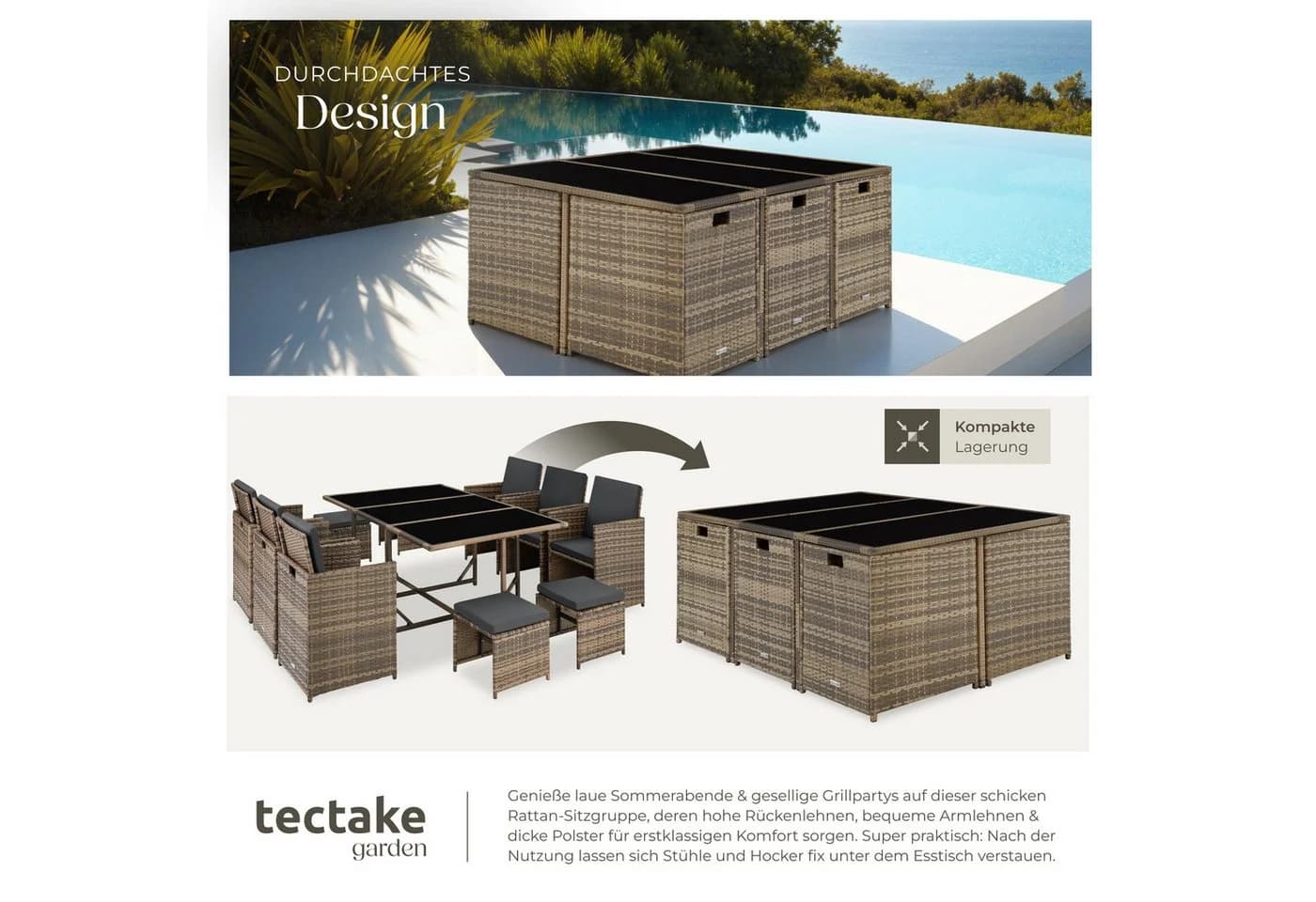 TECTAKE Rattan-Sitzgruppe Malaga 12-tlg. Beige/Braun Poly Rattan - Bild 5