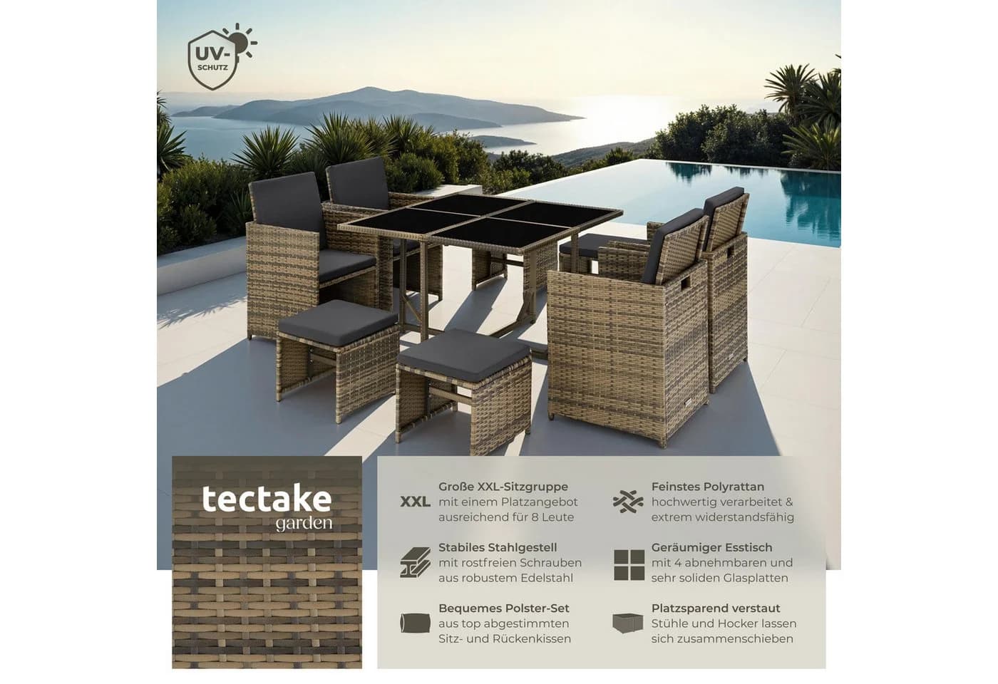 tectake Rattan-Sitzgruppe Bilbao 9-tlg. Natur Poly Rattan - Bild 2