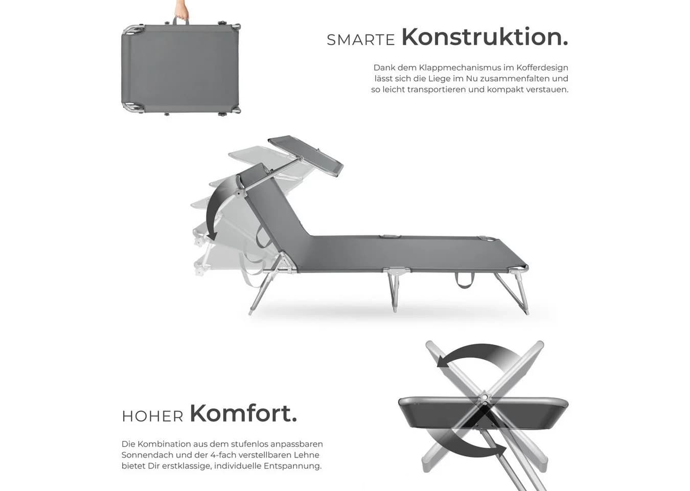tectake Gartenliege Grau mit Sonnendach & Verstellbarer Lehne - Bild 4