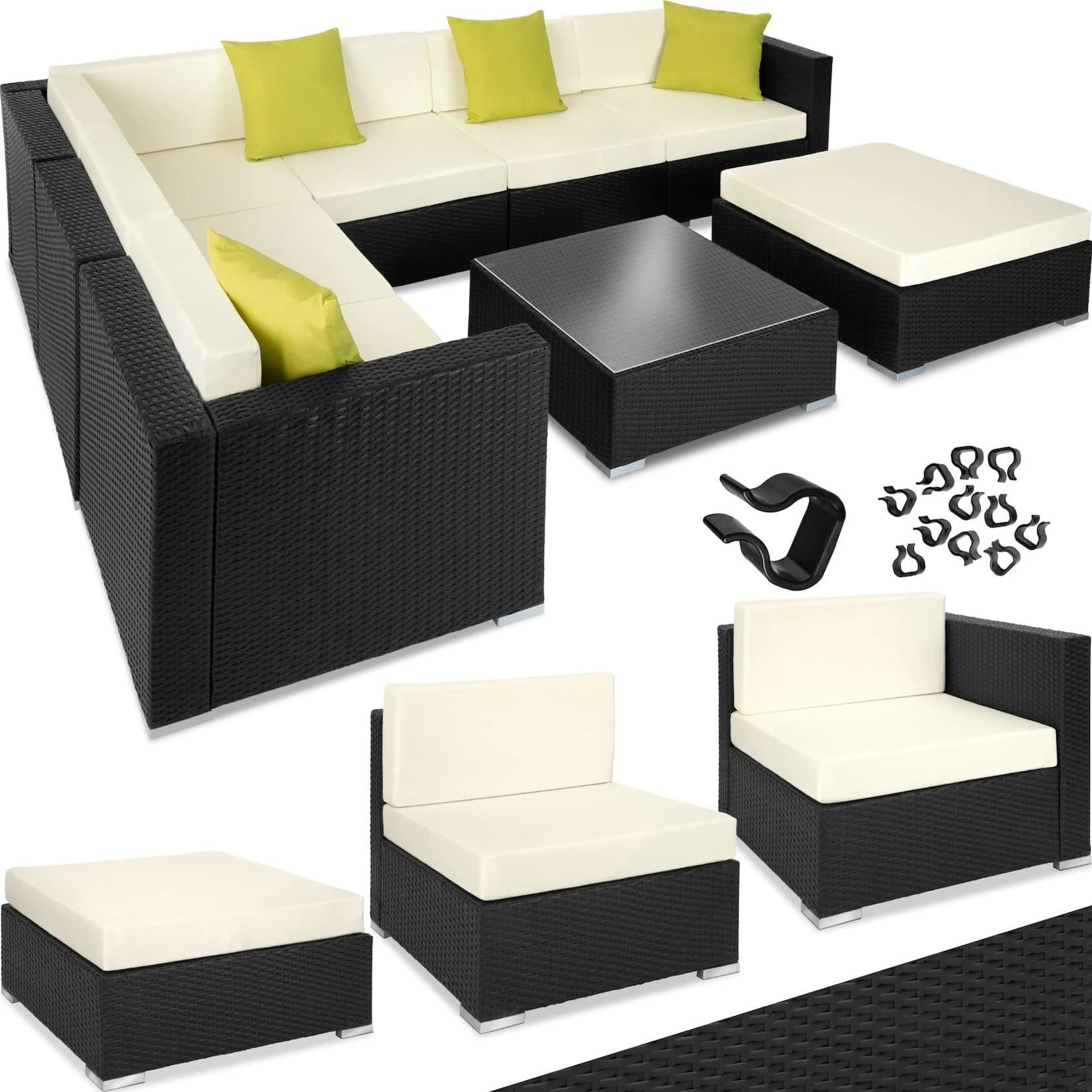 TECTAKE Loungeset Marbella 8-tlg. Schwarz mit Glasplatte & Kissen