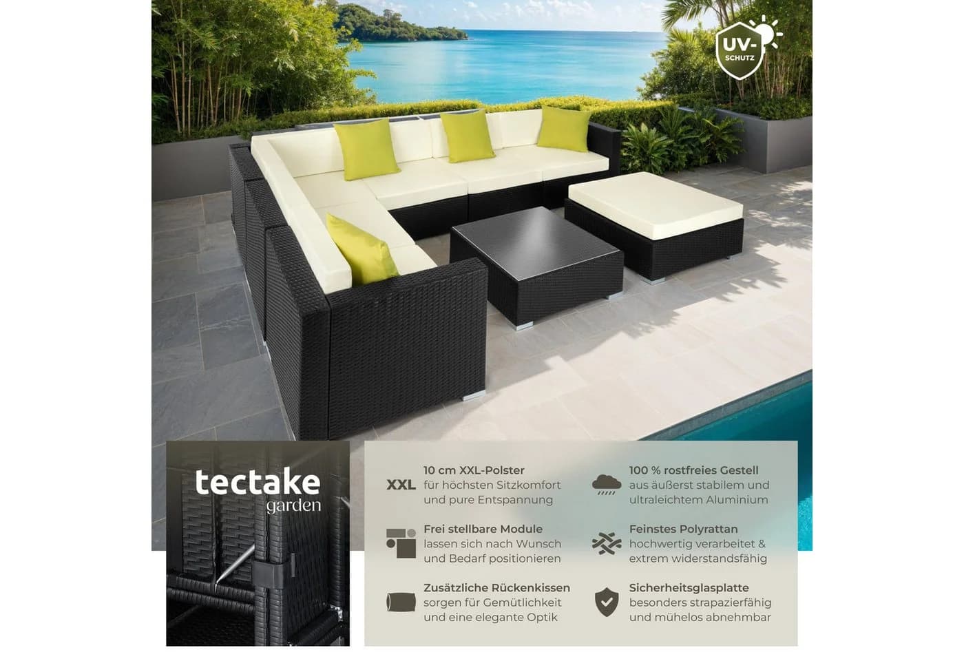TECTAKE Loungeset Marbella 8-tlg. Schwarz mit Glasplatte & Kissen - Bild 2