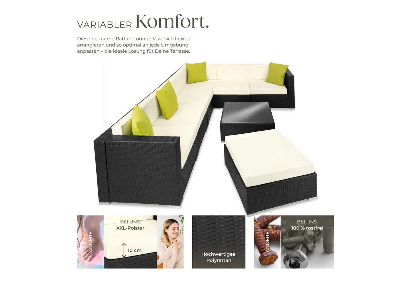 TECTAKE Loungeset Marbella 8-tlg. Schwarz mit Glasplatte & Kissen - Bild 4