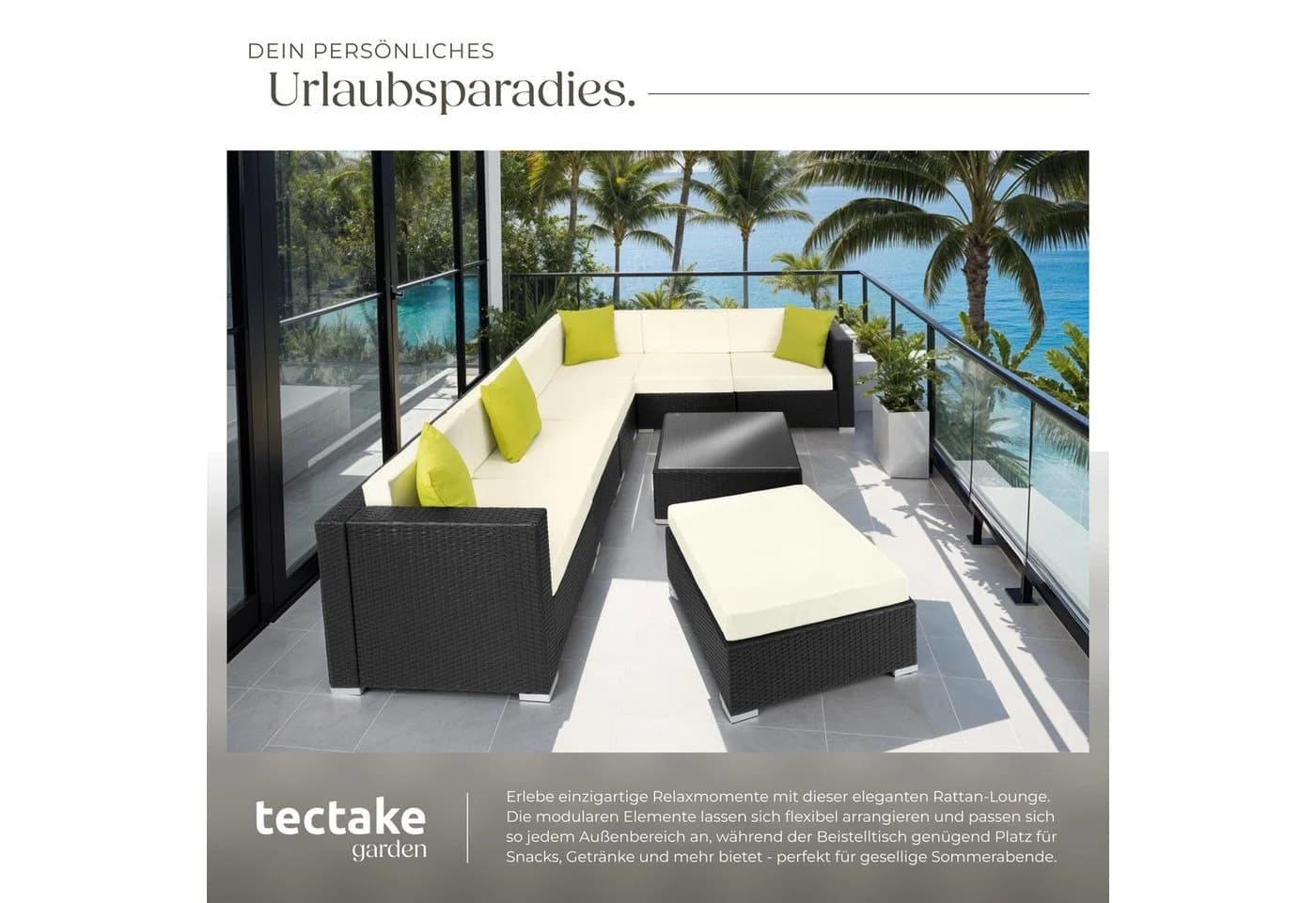 TECTAKE Loungeset Marbella 8-tlg. Schwarz mit Glasplatte & Kissen - Bild 5