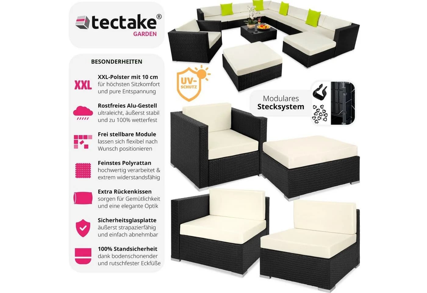 TECTAKE Loungeset Las Vegas 12-tlg. Schwarz Poly Rattan Aluminium - Bild 2