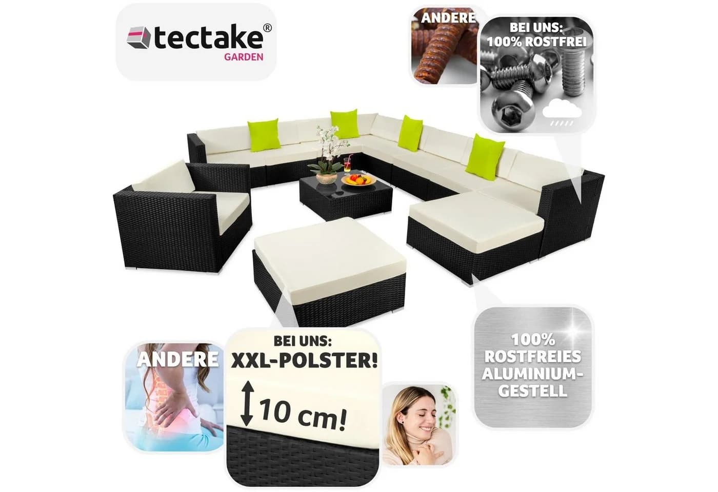 TECTAKE Loungeset Las Vegas 12-tlg. Schwarz Poly Rattan Aluminium - Bild 4