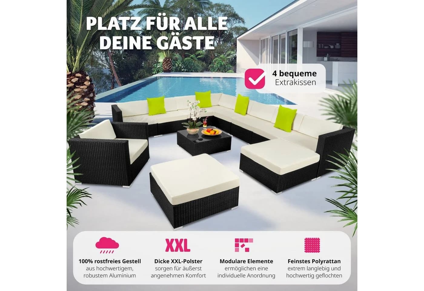 TECTAKE Loungeset Las Vegas 12-tlg. Schwarz Poly Rattan Aluminium - Bild 5