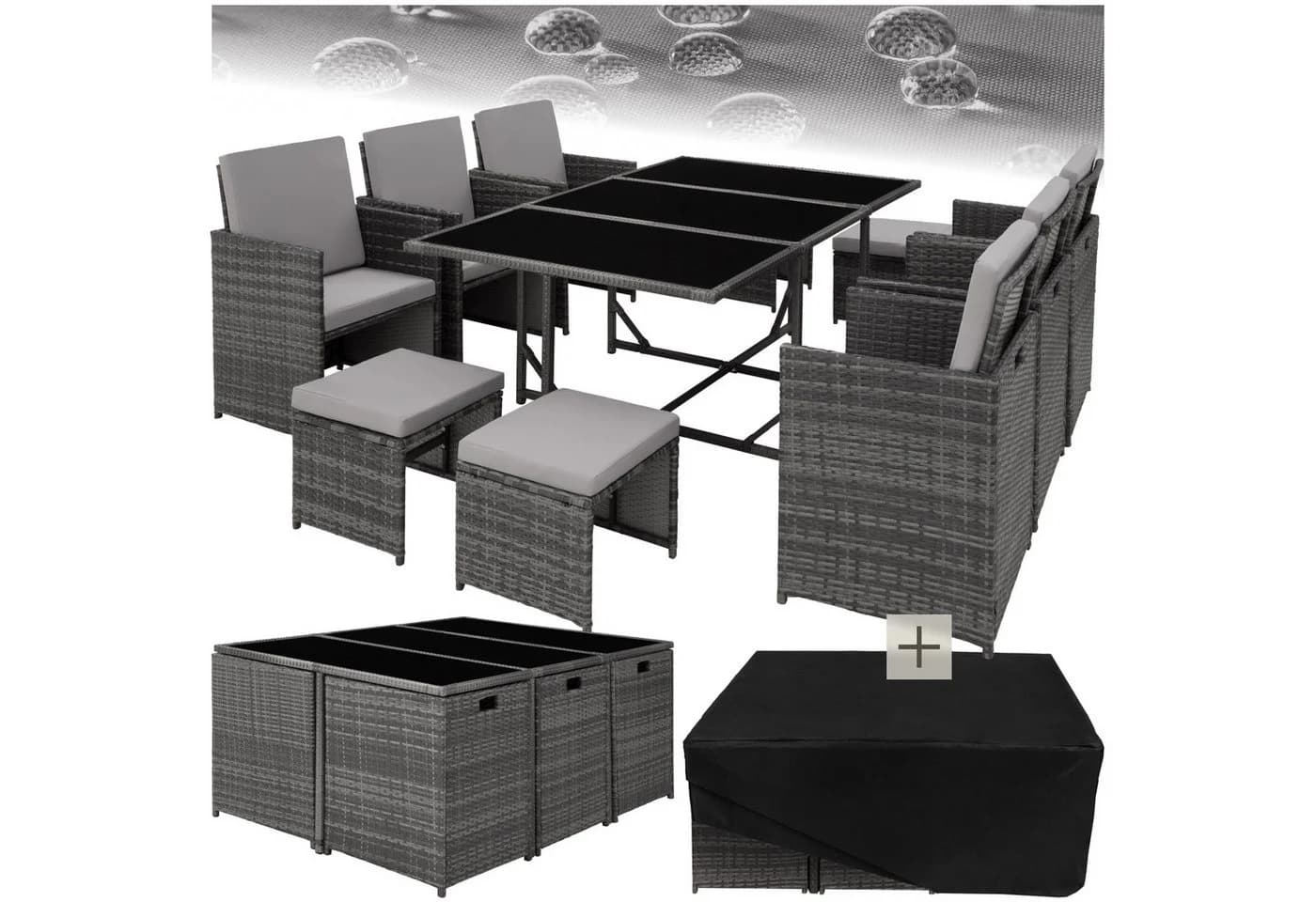 tectake Sitzgruppe Rattan 12-tlg. Grau/Beige Poly Rattan mit Kissen - Bild 3