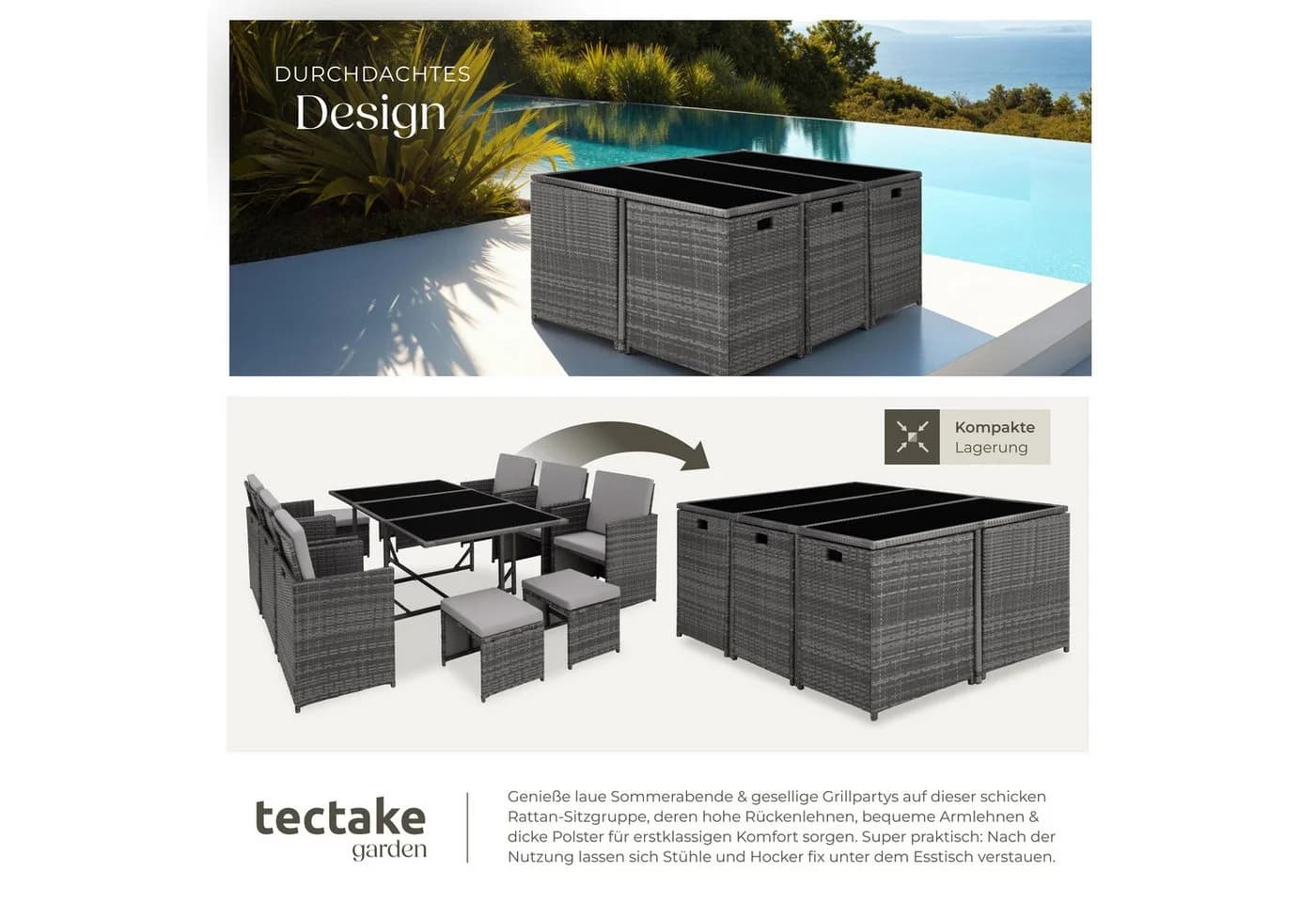tectake Sitzgruppe Rattan 12-tlg. Grau/Beige Poly Rattan mit Kissen - Bild 5