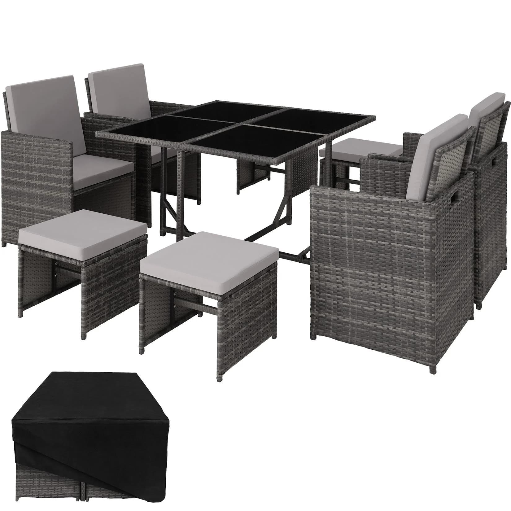 tectake Sitzgruppe Rattan 9-tlg. Grau mit Kissen