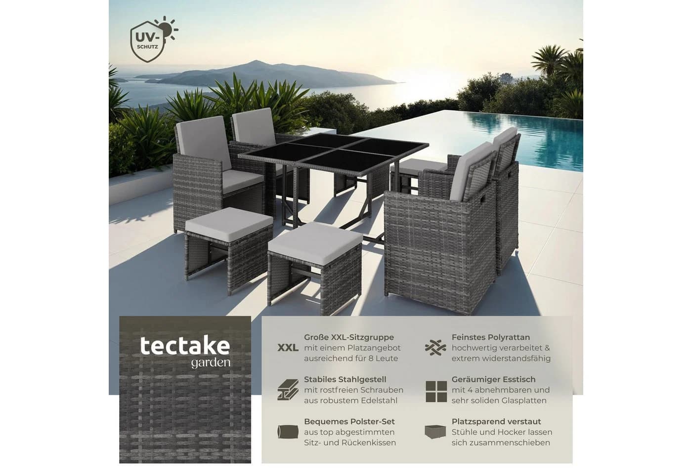 tectake Sitzgruppe Rattan 9-tlg. Grau mit Kissen - Bild 2