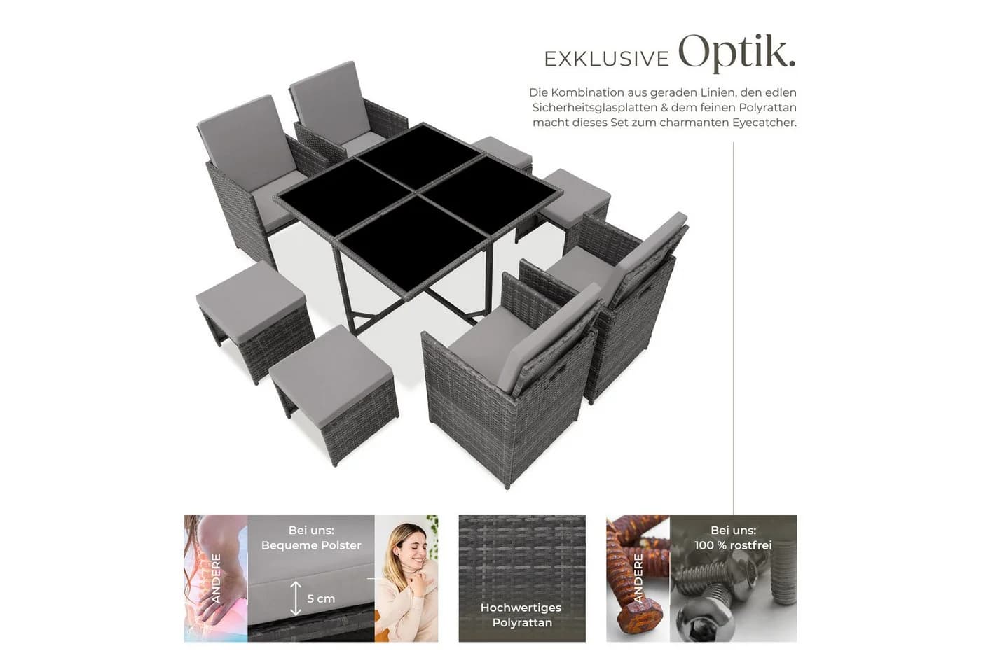 tectake Sitzgruppe Rattan 9-tlg. Grau mit Kissen - Bild 4