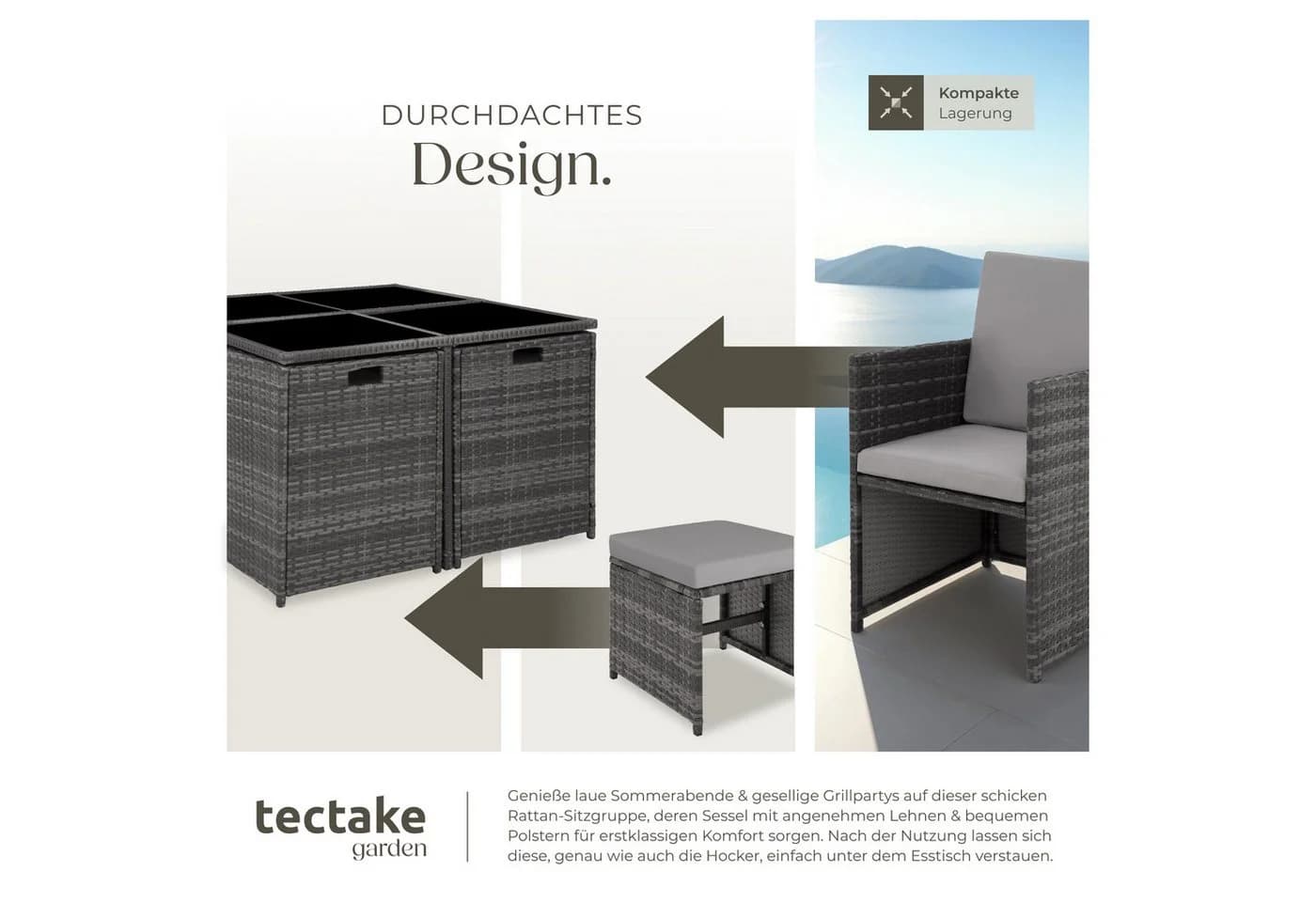 tectake Sitzgruppe Rattan 9-tlg. Grau mit Kissen - Bild 5