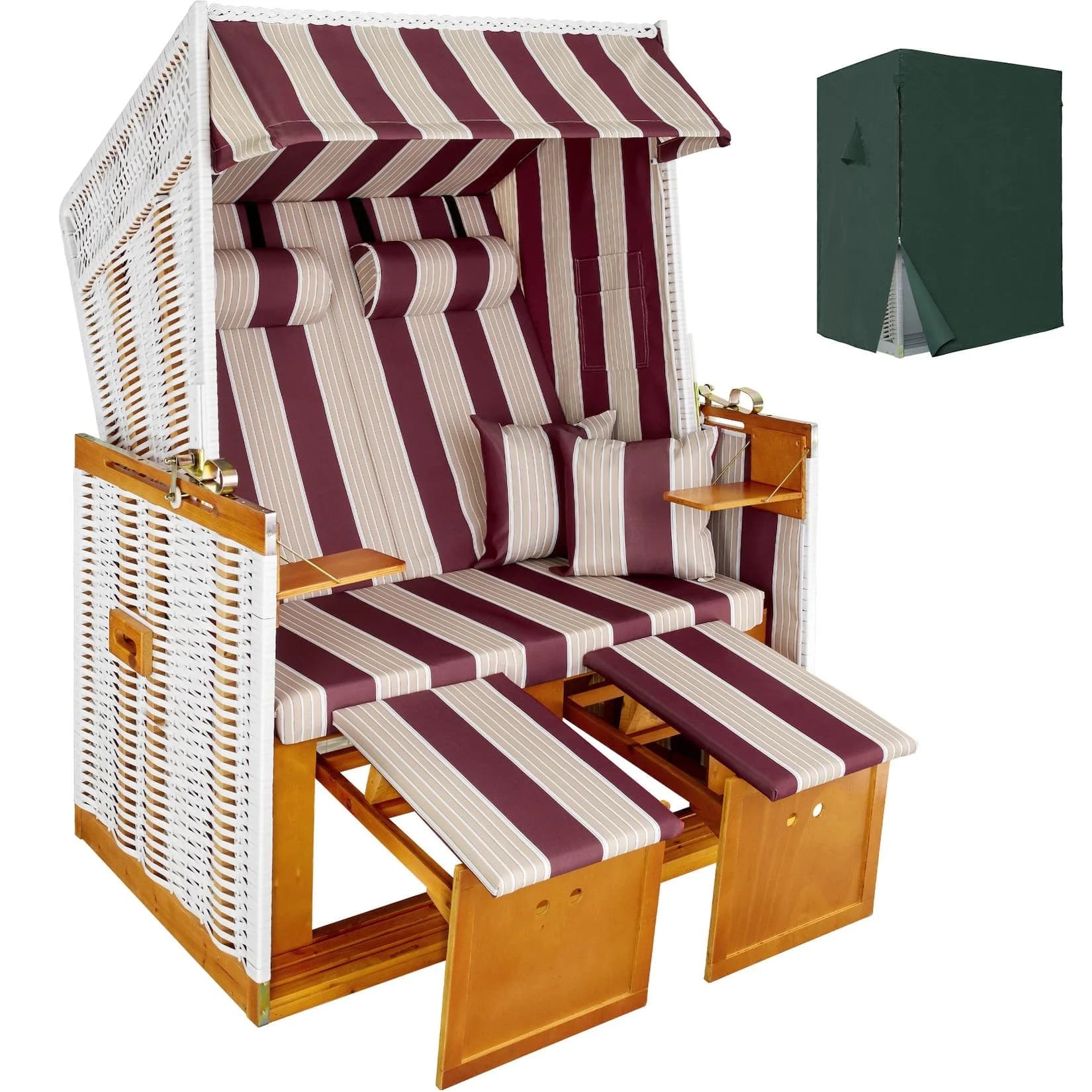 tectake Strandkorb 2-Sitzer mit Polster verstellbar inkl. Schutzhülle rot/weiß