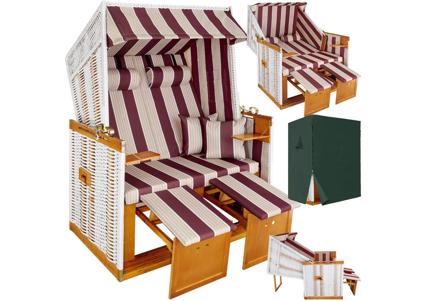 tectake Strandkorb 2-Sitzer mit Polster verstellbar inkl. Schutzhülle rot/weiß - Bild 3
