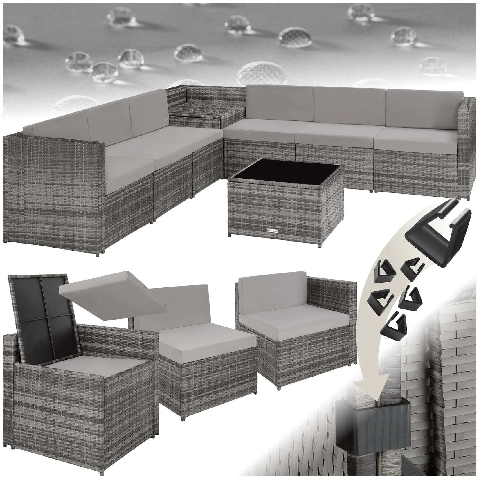 tectake Loungeset Rattan Lounge Verona Grau 9-tlg. mit Aufbewahrungsbox