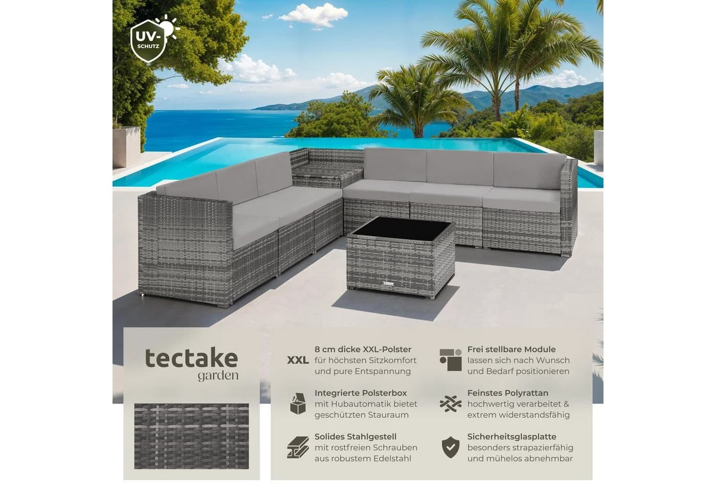 tectake Loungeset Rattan Lounge Verona Grau 9-tlg. mit Aufbewahrungsbox - Bild 2