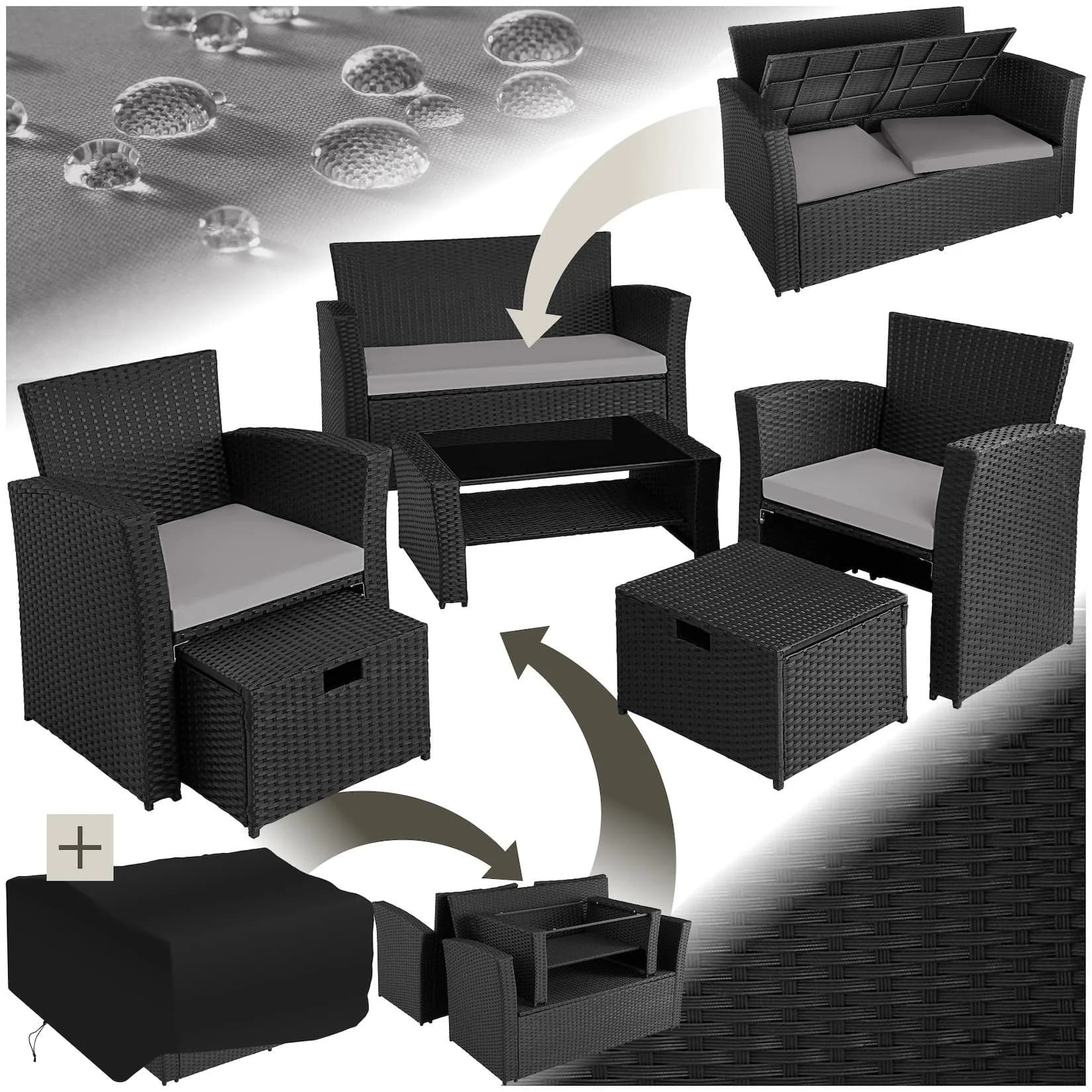 TECTAKE Sitzgruppe Rattan 6-tlg. Schwarz/Grau Poly Rattan