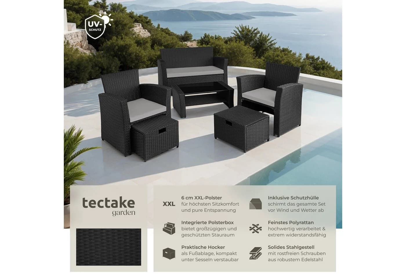 TECTAKE Sitzgruppe Rattan 6-tlg. Schwarz/Grau Poly Rattan - Bild 2