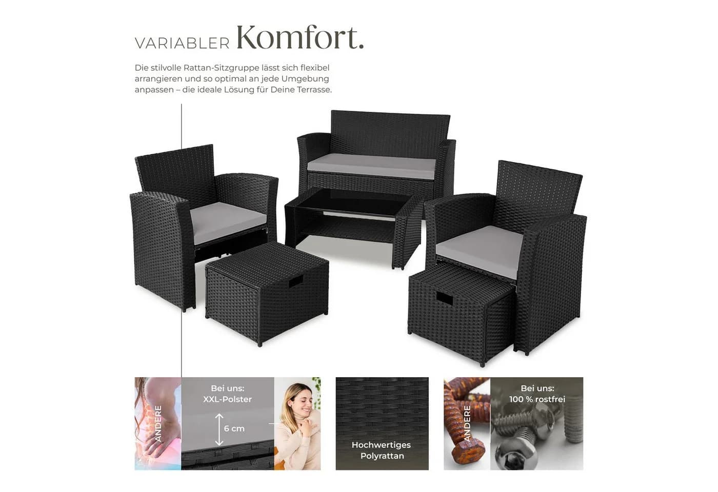 TECTAKE Sitzgruppe Rattan 6-tlg. Schwarz/Grau Poly Rattan - Bild 4